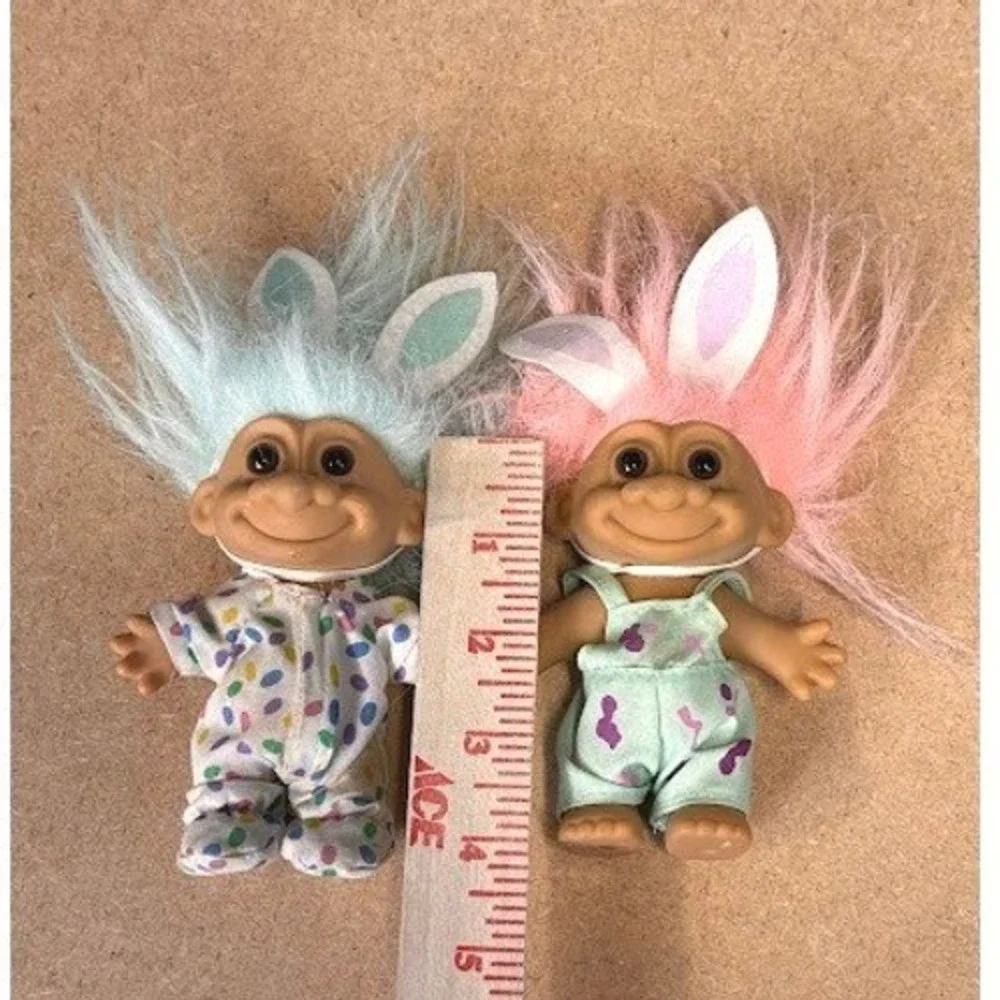 Vintage Russ Berrie Easter Troll Dolls Set of 2‎ Bunny Ears Pink Blue Hair 3